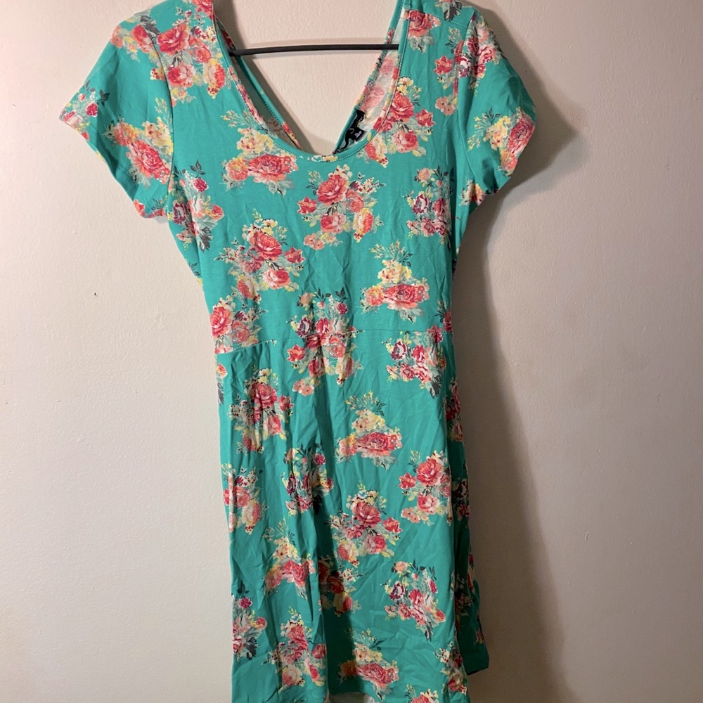 Teal blue floral dress with cute cut out back